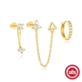 Gold plated S925 sterling silver geometric triangle tassel earrings set with zircon studs - Triangle Asymmetric Chain Style (3 Gold Collection) / Gold