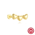 Gold plated 925 sterling silver triple heart flat back stud earring for cartilage piercing - Triple Polished Heart Style (#6-Single)