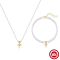 S925 Silber Schmuckset mit Perlenkette und Armband sowie Schleifenanhängern für Damen - Set / Gold