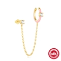 Pink enamel S925 sterling silver ear cuff with chain and sparkling zircon stud - Pink Enamel Ear Cuff Linked Style (Single-Gold#2) / 925 Silver