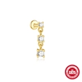 Gold S925 sterling silver ear stud with three dangling round-cut cubic zirconia stones - Triple Stone Pendant - Gold