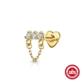Clou d'oreille en argent S925 doré avec trois zircons blancs et une fine chaînette - Style Chaîne Triple Zircone / Pièce Unique / Or
