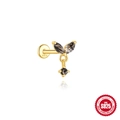 S925 sterling silver butterfly stud earring with black rutilated quartz and leaf design - Double Leaf Design - Gold - Single