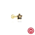 S925 sterling silver gold flower labret stud with black rutilated quartz gemstones - Five-Petal Flower - Gold - Single
