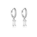 S925 sterling silver drop earrings featuring rectangular white zircon stones and hoops - Platinum Milky White