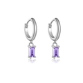 S925 sterling silver hoop earrings with a rectangular purple zircon dangle pendant - Silver Purple