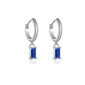 S925 sterling silver huggie earrings with a deep blue rectangular zircon drop pendant - Silver Blue