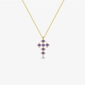 Collar clásico de plata S925 dorada con colgante de cruz y circonitas moradas - Oro de 18K con Circonita Púrpura