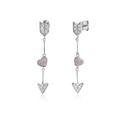 Detail of 925 silver cupid's arrow earrings featuring pink zircon heart and long chain - Drop Style / Platinum
