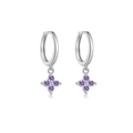 Elegant S925 silver hoop earrings with purple four-stone flower-shaped zircon pendants - Silver Purple