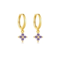 Elegant gold hoop earrings with purple four-petal flower gemstone drop pendants - 18K Gold with Purple Zirconia