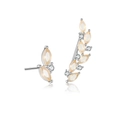 Asymmetric S925 silver flower earrings with champagne zircon stones and ear crawler style - Platinum Plated (Milky White Stone)