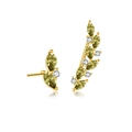 Asymmetric gold leaf earrings set with olive green marquise gems and small diamonds - 18K Gold (Green Zirconia)