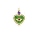 Gouden hartvormige hanger met groen emaille boze oog en kleurrijke edelstenen - Goud