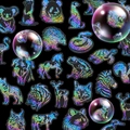 Holographic laser animal stickers set featuring panda, deer and tiger on black background - Silver Laser Animal
