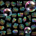Set of 50 holographic laser stickers with inspirational quotes on black background - Silver Laser Text Style