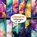 Set van 12 vellen 6x6 inch hobby-papier met paars-groene alcoholinkt patronen en goudfolie - Niet Herhalende Stijlen / Paars Groen Vergulde Stijl