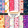 Set of 12 unique Mother's Day 6x6 scrapbook papers with diverse floral and heart designs - Style A (T01041784)