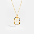 Gold-tone necklace with letter E pendant and multi-colored gemstones on a cross chain - Letter E