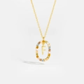 Gold-plated 925 silver letter F necklace with colorful zircon stones in a vintage oval frame - Letter F