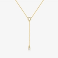 Goldene Y-Halskette aus S925 Silber mit pavé-gefasstem Kreis und Doppel-Kristallanhänger - 18 Karat Gold (Weißer Stein)