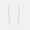 Détail des longues boucles d'oreilles vagues dorées avec texture métallique torsadée - Or 18 carats