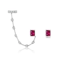 Asymmetric S925 silver earrings with rectangle red ruby stones and tassel chain link - Silver [Red Stone]