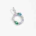 Round sterling silver pendant with colorful gemstones and white diamond accents - Letter O / Platinum