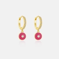 Detail von S925 Silber Gold Ohrreifen mit rosa Emaille Anhängern und klaren Zirkonias - 18K Gold Violetter Stil
