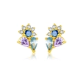 Pendientes de flor chapados en oro con gemas multicolores en azul y violeta - Oro de 18K Púrpura Flor