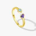 Anillo ajustable de plata S925 con cristal de gota púrpura y piedra azul redonda - Estilo de Piedra Preciosa Redonda y Pera (MMR369) / Chapado en oro 18K