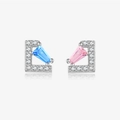 S925 sterling silver geometric stud earrings with blue and pink trapezoid zircons - Geometric Asymmetric Style (MME1042) / 925 Silver / White Gold