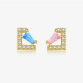 L-shaped gold stud earrings with light blue trapezoid zircon and diamond accents - Geometric Asymmetric Style (MME1042) / 925 Silver / 18K Gold