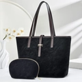 Minimalist large black tote bag and small pouch set with dark brown handles and gold buckle - 41cmx12cmx28cm / Black