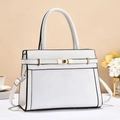 Detail of white leather handbag with contrast black edges and gold-tone turn-lock buckle - Off White