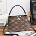 Brown striped handbag with rhinestone V design and adjustable shoulder strap - Coffee