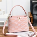 Pink striped handbag with sparkling rhinestones and golden V-shaped buckle design - Pink