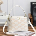 Chic cream striped tote bag with sparkling rhinestones and golden V-shaped buckle - White