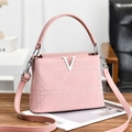 Pink faux leather tote bag with silver V-logo and sparkling geometric rhinestone details - Pink