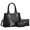 Schwarzes dreiteiliges Handtaschen-Set mit eleganter Blumenstickerei und Golddetails - Schwarz