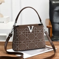 Elegant dark brown leather handbag featuring rhinestone plaid design and V metal hardware - Coffee