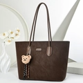 Minimalist coffee brown faux leather tote bag with silver logo and plush bear charm - 42*13*27 / Coffee