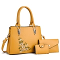 Ensemble de 3 sacs à main jaunes brodés de fleurs avec portefeuille et porte-cartes - Jaune