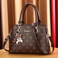 Brown monogram handbag with geometric A pattern and cute bear charm pendant - Large Bag / Coffee