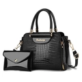 Two-piece black faux crocodile skin handbag set with glossy finish and gold hardware - Black