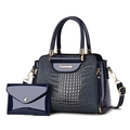 Navy blue crocodile pattern tote bag set with glossy finish and gold hardware accents - Blue