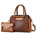 Brown crocodile embossed faux leather handbag set with two pieces and golden hardware - Khaki/Earth Yellow