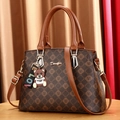 Brown monogram tote bag with Denifor logo, leather handles and bear charm accessory - Large Bag / Brown