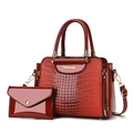 Dark red crocodile texture patent leather handbag and envelope clutch bag two-piece set - Red