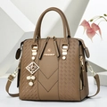 Brown leather Boston handbag with gold hardware, pearl charm and detachable shoulder strap - Khaki